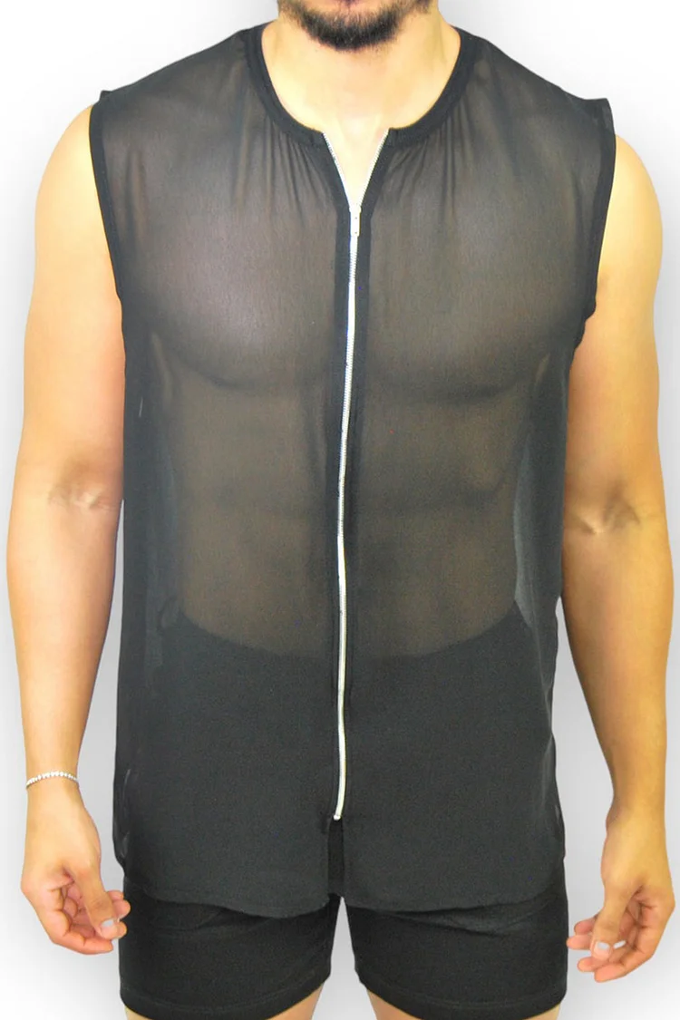 Mesh See Through Marble Print Casual Sleeveless Shirt [Pre-Order]
