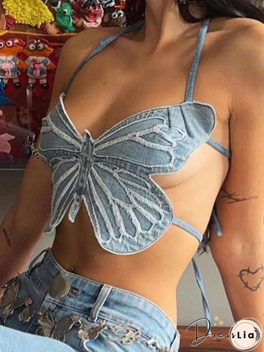 Y2k Butterfly Jeans Crop Top Backless Strap Camis Sexy Blue Cute Party Sweats Women Beach Holiday Mini Vest Summer Tee