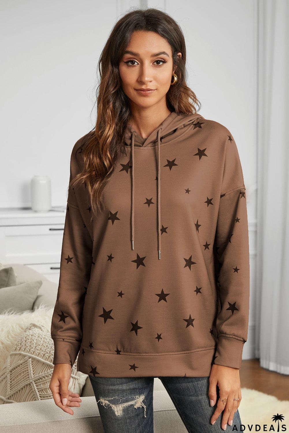 Women's Khaki Star Print Hoodie with Side Slits