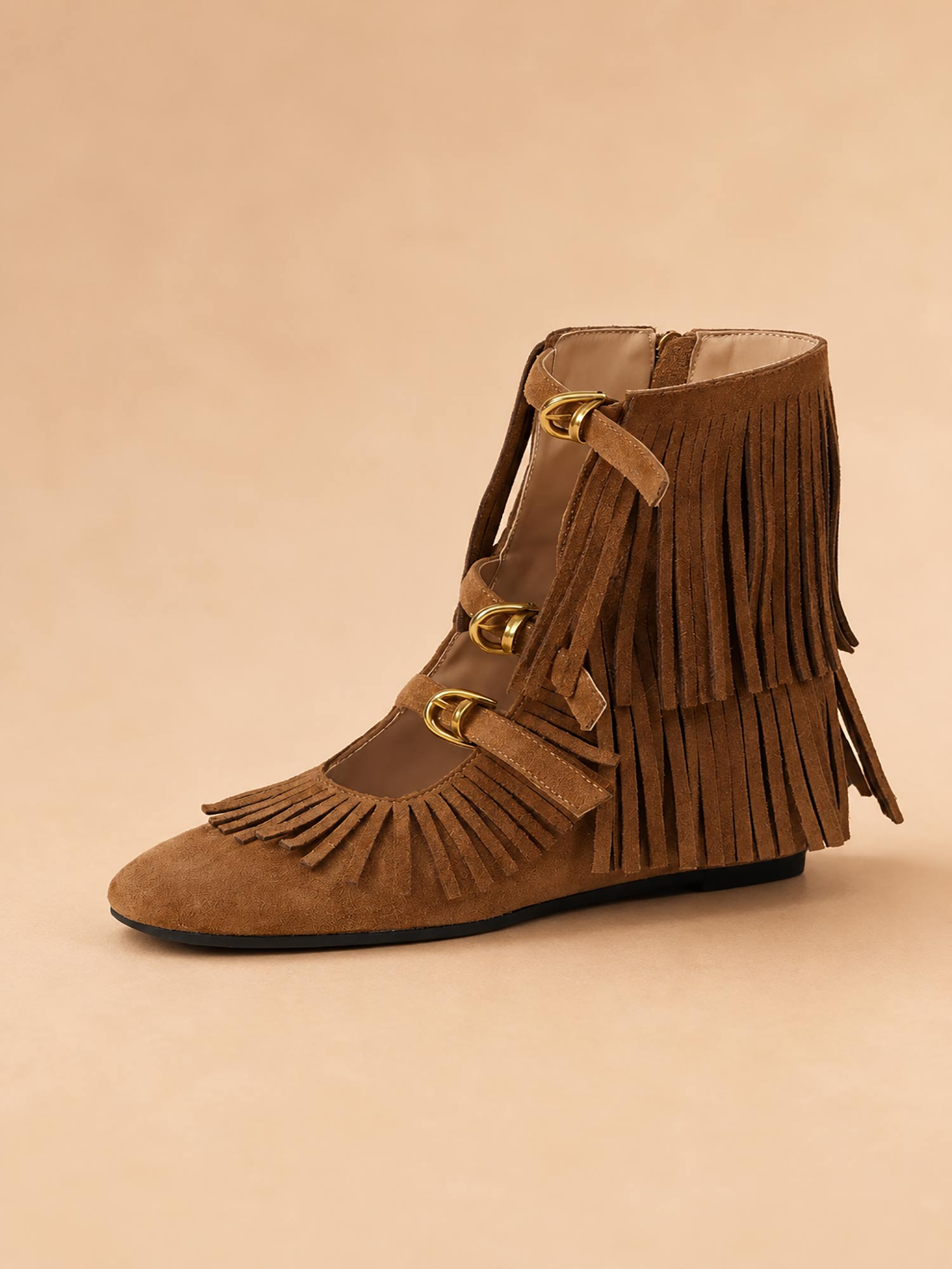 Triple Buckle Fringe Spring/Summer 2026 Faux Suede Women's Flat Ankle Boots