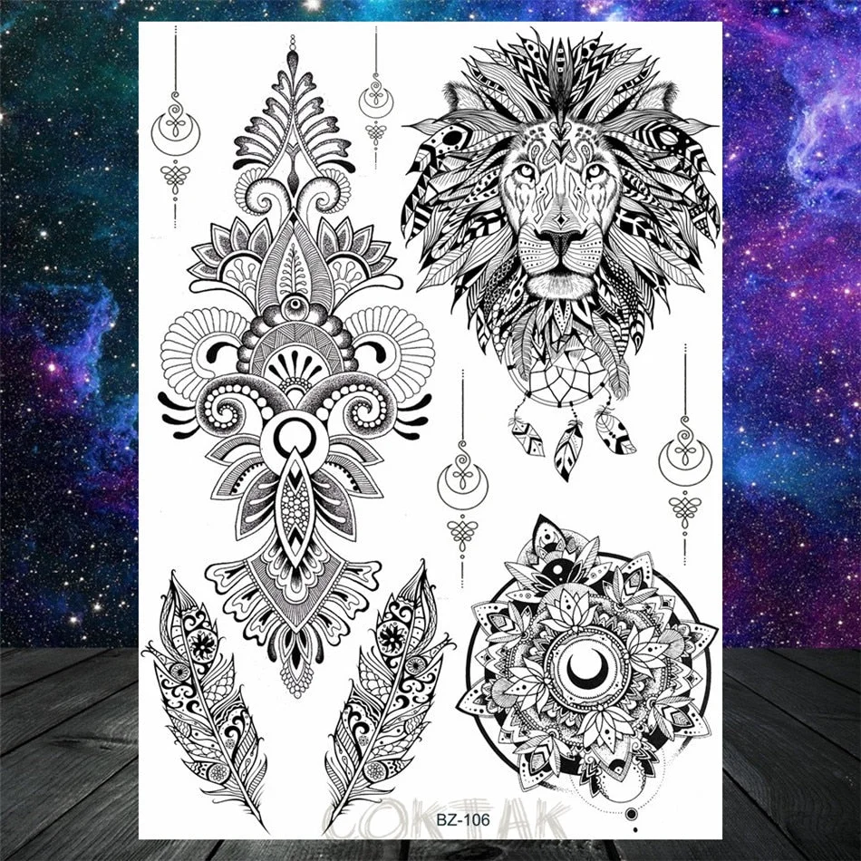 Black Dreamcatcher Temporary Tattoos Sticker For Women Fashion Body Art Back Tatoos Fake Jewelry Mandala Flower Tattoo For Party