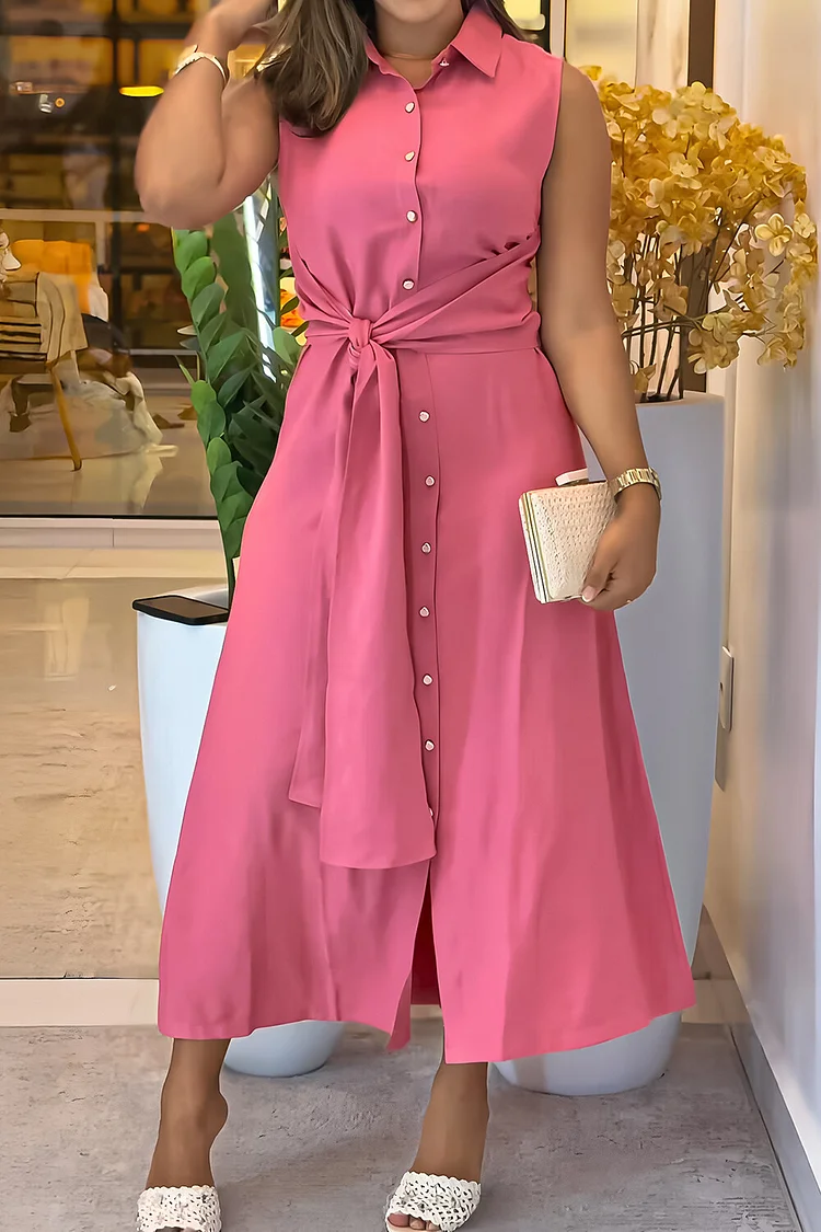 Turndown Collar Sleeveless Tie Up Button Up Plain Midi Shirt Dresses-Pink