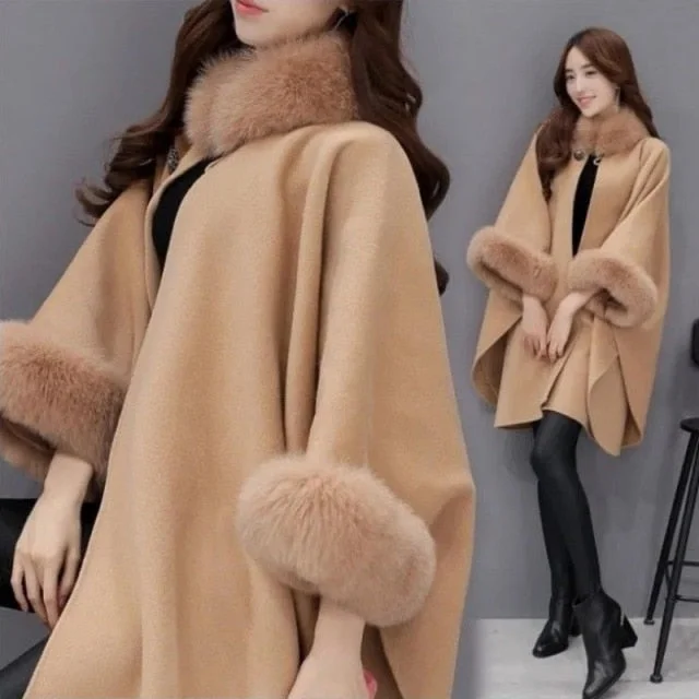 S-5XL Plus Size Fake Fur Coat Bat Sleeve Warm Long Cloak SP16829