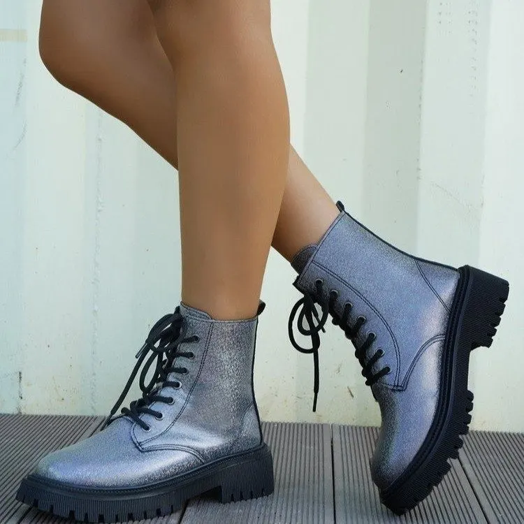 Breakj Breakj New Martin Boots Women's British Wind Thick Back Lace Mid-Sleesize Boots Women's Shoes Large Size Martin Boots