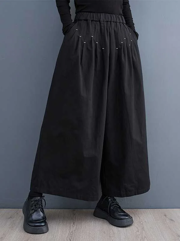 Pleated Embroidered Elasticity Wide Leg Loose Trousers Ninth Pants