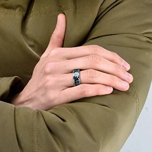 6MM 8MM Women's Or Men's Tungsten Carbide Wedding Matching Rings Diamond Faceted Silver and Multiple Color Rainbow Opal Inlay with Organic Tones