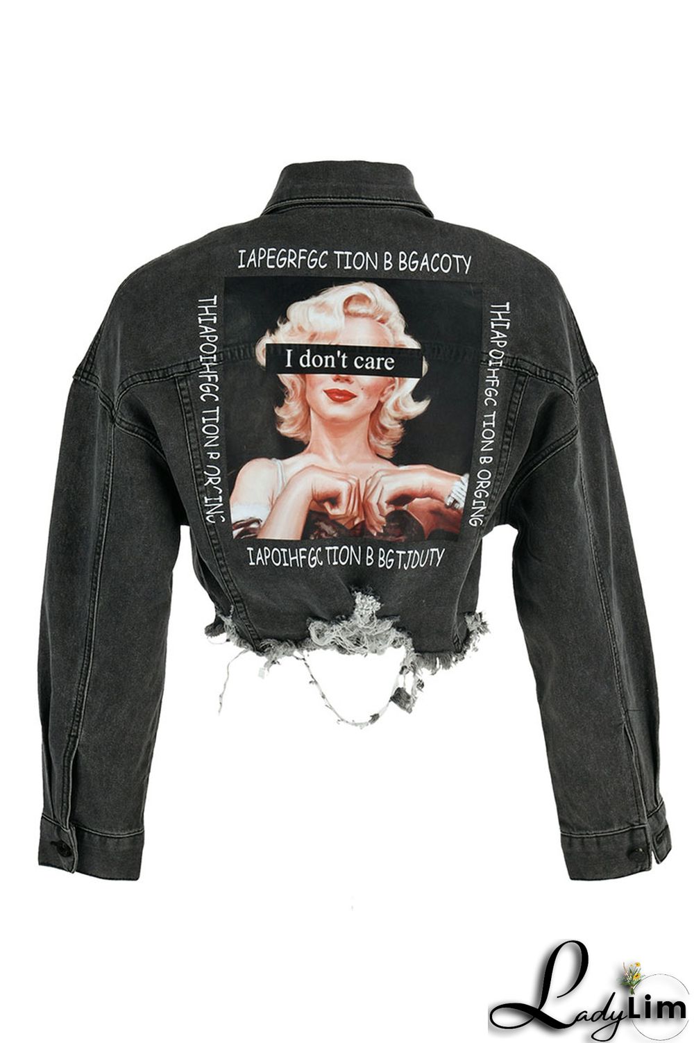 Black Yellow Street Print Make Old Patchwork Buckle Turndown Collar Long Sleeve Straight Denim Jacket