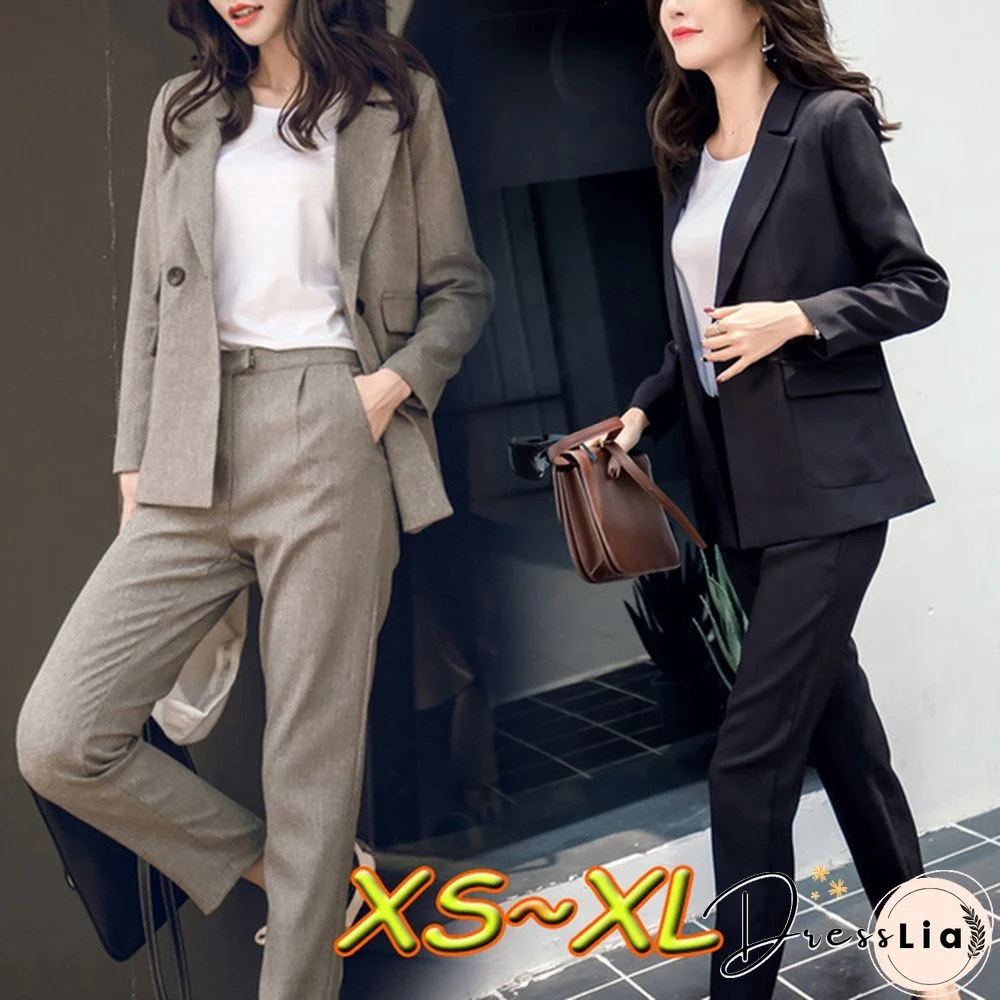 Women Suit Gray Casual Blazer & High Waist Pant Office Lady Notched Jacket Pant Suits Korean Femme 2 Pieces Set