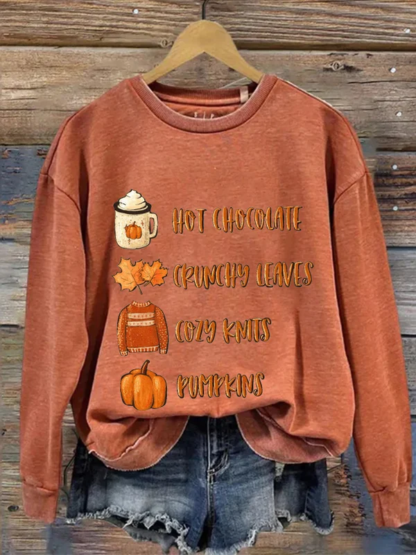 Women\'s Hot Chocolate Crunchy Leaves Cozy Knits Pumpkins Print Sweatshirt - BSRTRL0031