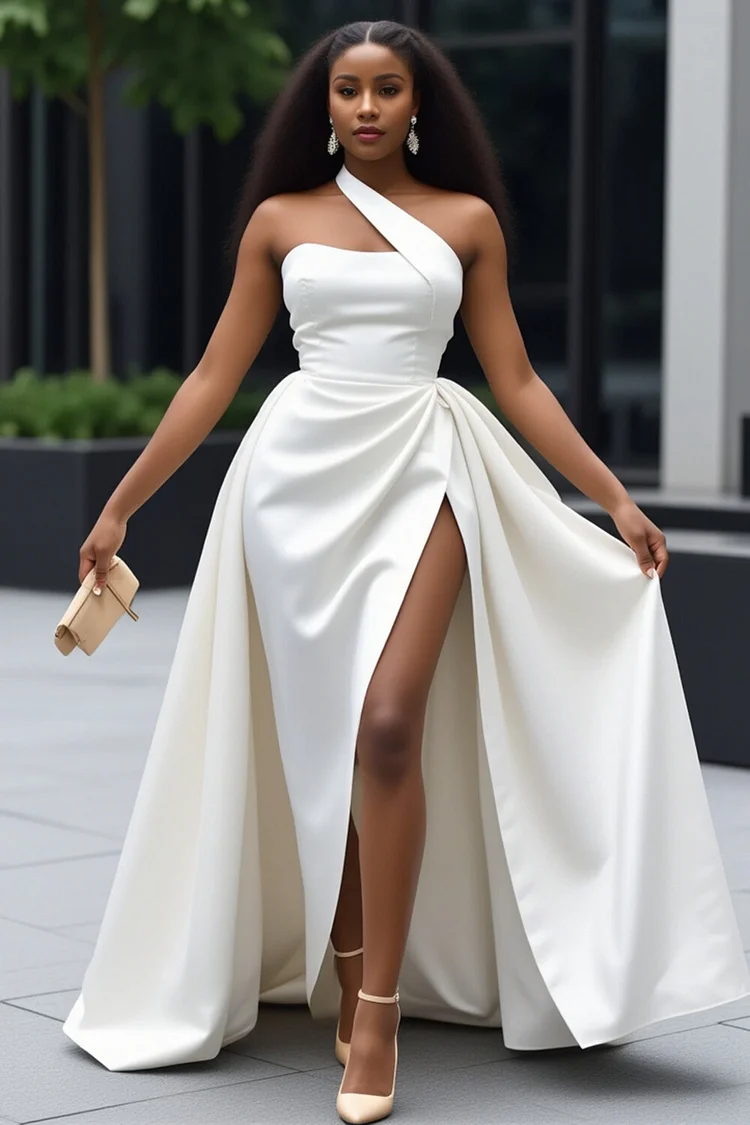 Asymmetric Strap Ruched High Slit Formal Party Maxi Dresses-White [Pre Order]