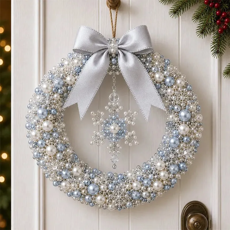 Finished Winter Snowflake pearl wreath on a front door