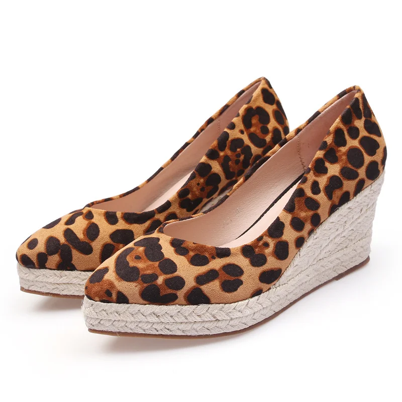 Wongn Wongn Spring And Autumn 2023 Wedge Single Shoes Women's Shallow Tip Thick Grass Woven High Heel Female Leopard Grain Thick Heel