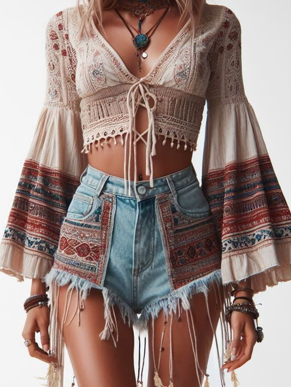 Boho Patchwork V Neck Flare Sleeve Lace Up Blouse