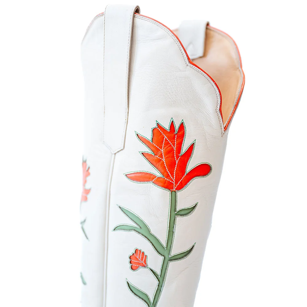 YDN Women's White Chunky Heel Knee High Flower Cowboy Boots