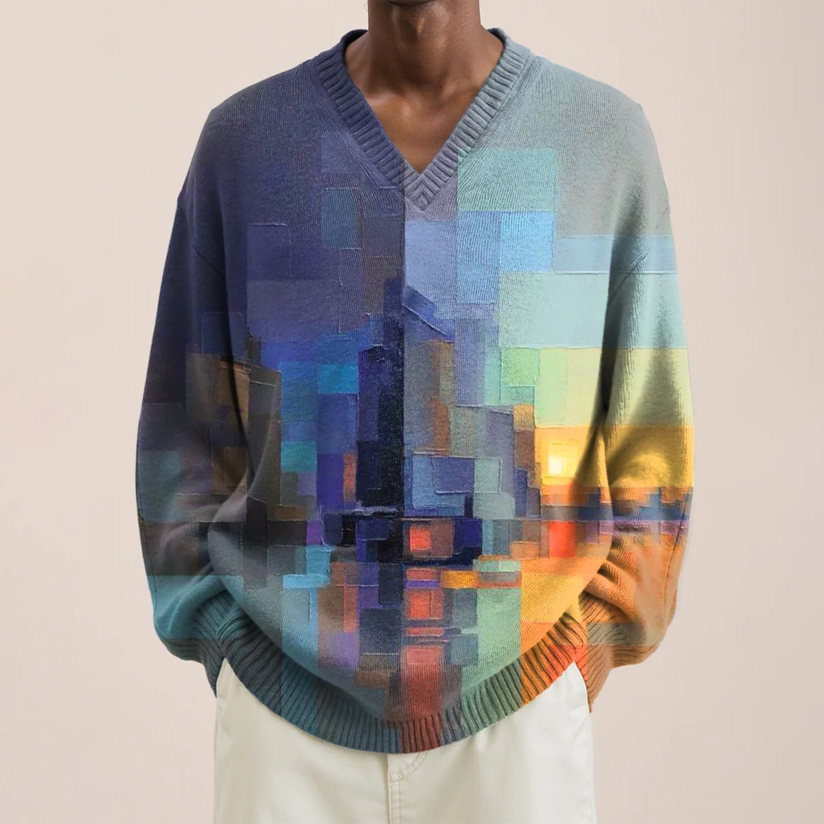 Men's Multicolored Abstract Art Print V-neck Lnit Long Sleeve Sweater  artssus