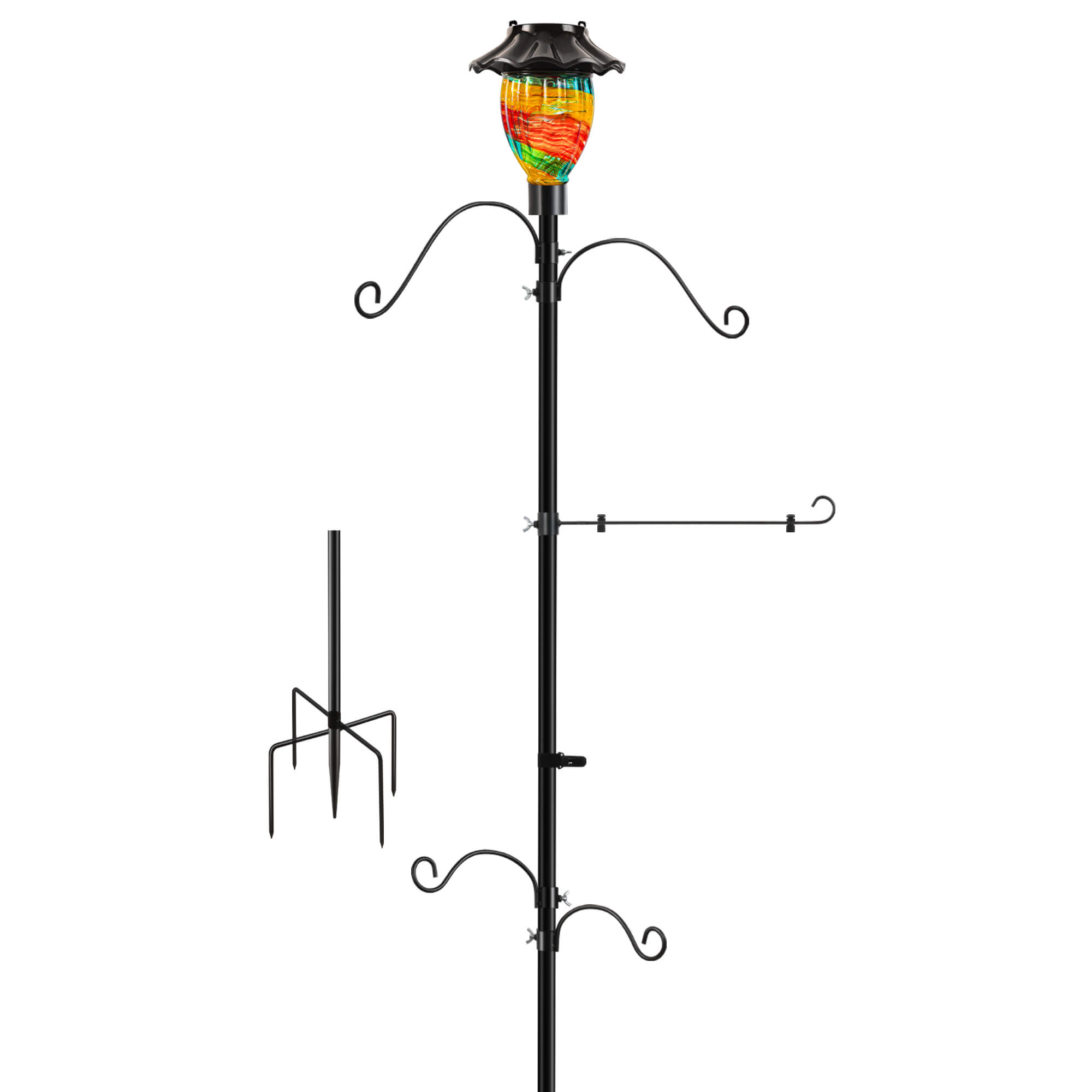 LUJII Solar Shepherds Hooks for Outside, Bird Feeder Pole with 4 Adjustable Hangers and 1 Flag Holder, Garden Stand for Hummingbird Feeders, Wind Chimes, Plant Baskets, Lanterns (Ribbon)