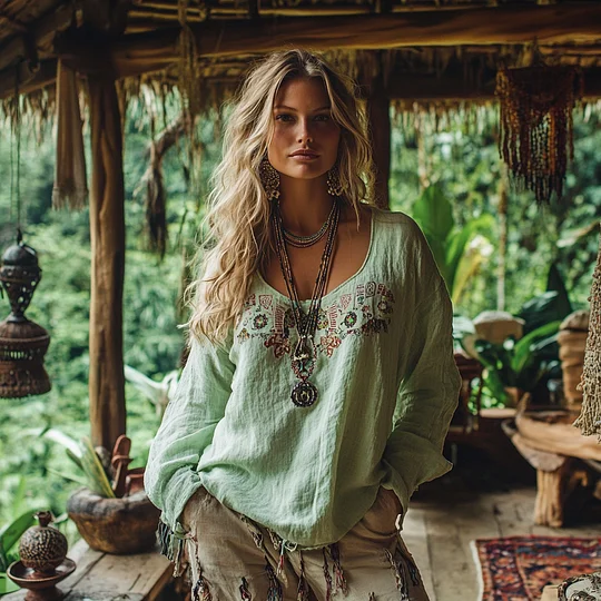 Bohemian Resort Vintage Linen Print Casual Long Sleeve Top