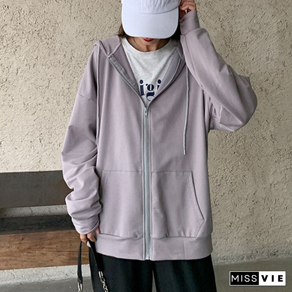 Ladies Fashion Simple Hooded Coats Women Casual Sport Fitness Hoodie Fleece Sweatshirt Zip Jackets