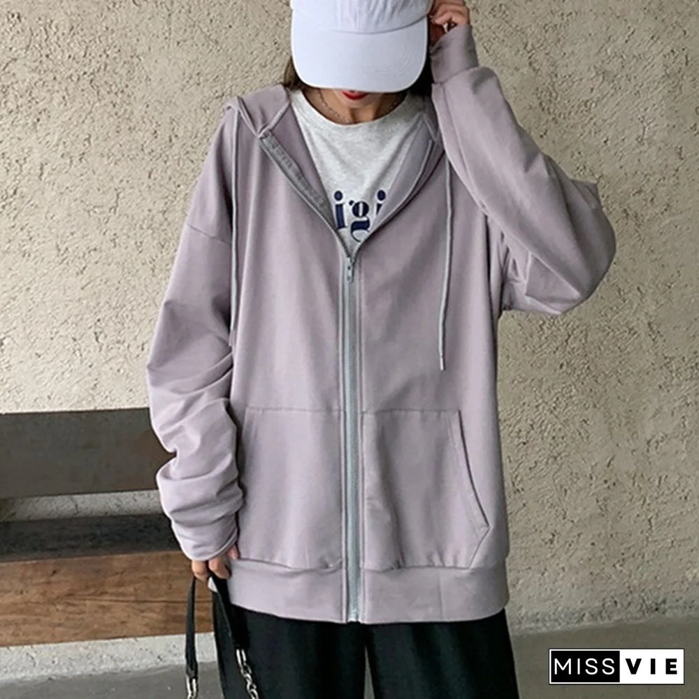 Ladies Fashion Simple Hooded Coats Women Casual Sport Fitness Hoodie Fleece Sweatshirt Zip Jackets