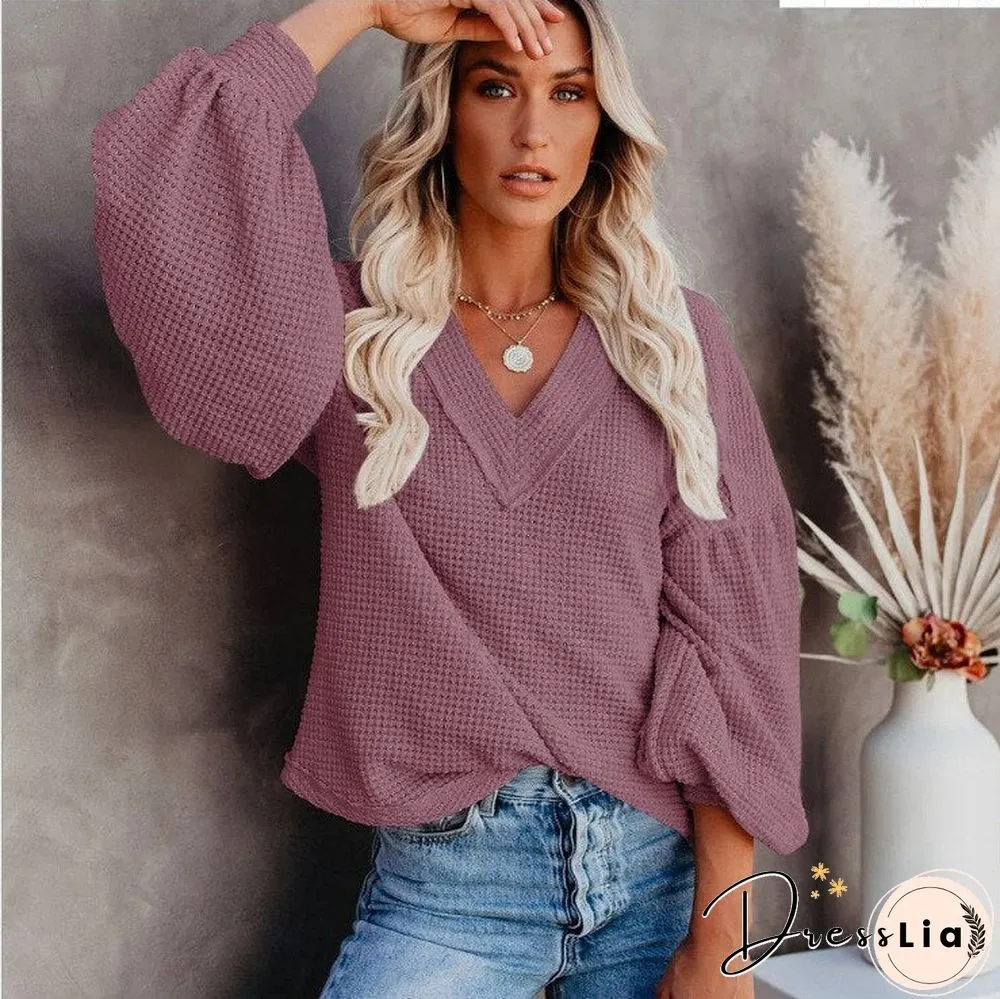 Ladies Sweater Neck Knitted Pullovers Autumn Winter Lantern sleeve solid warm Halloween