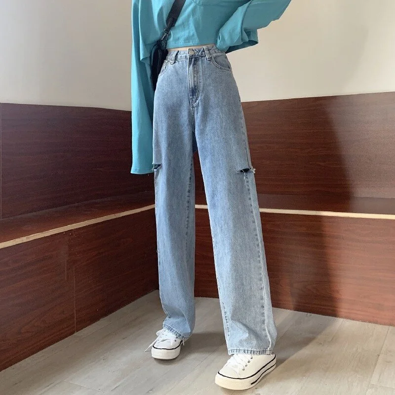 Jeans Women Hole Preppy Style Trendy Spring Female Student Loose Straight High Waist Kpop Vintage Solid Streetwear Mujer De Moda