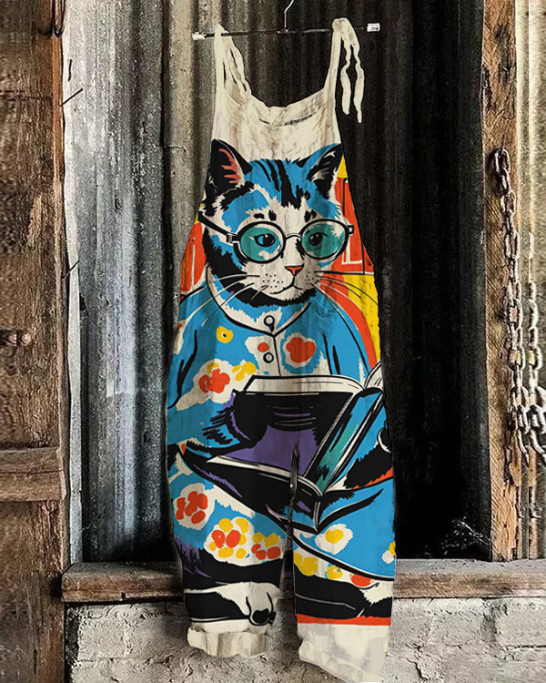 Colorful Cat Books Lover Print Casual Jumpsuit