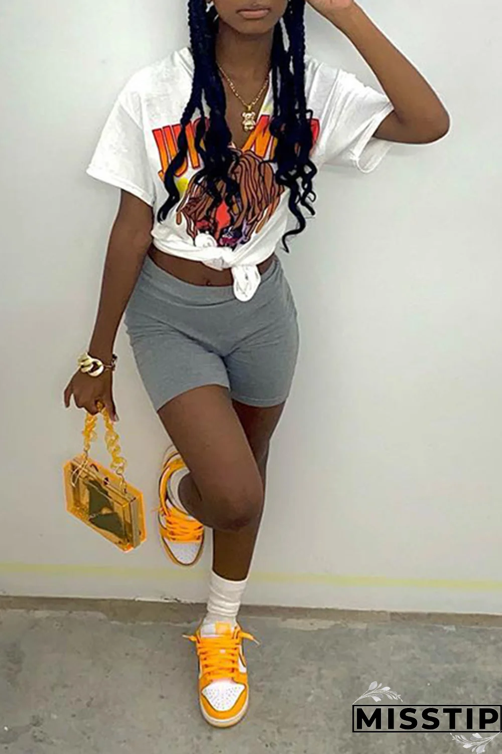 White Fashion Print Patchwork V Neck T-Shirts