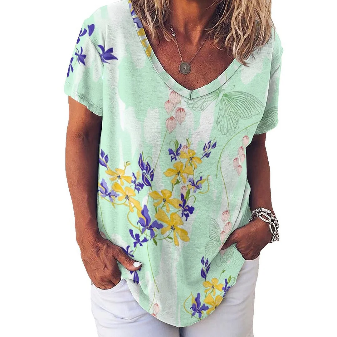 V-neck Short Sleeve Casual T-shirt for  Women Printed with Pattern Turquoise, Floral, Green