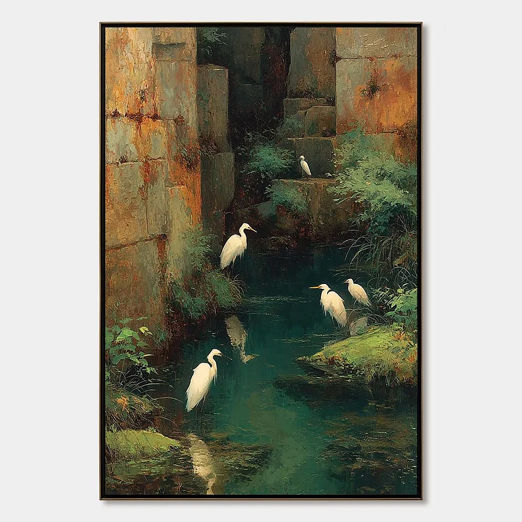 THE FORGOTTEN OASIS: Vertical Egret Painting of Birds in a Serene Natural Sanctuary（Canvas painting）