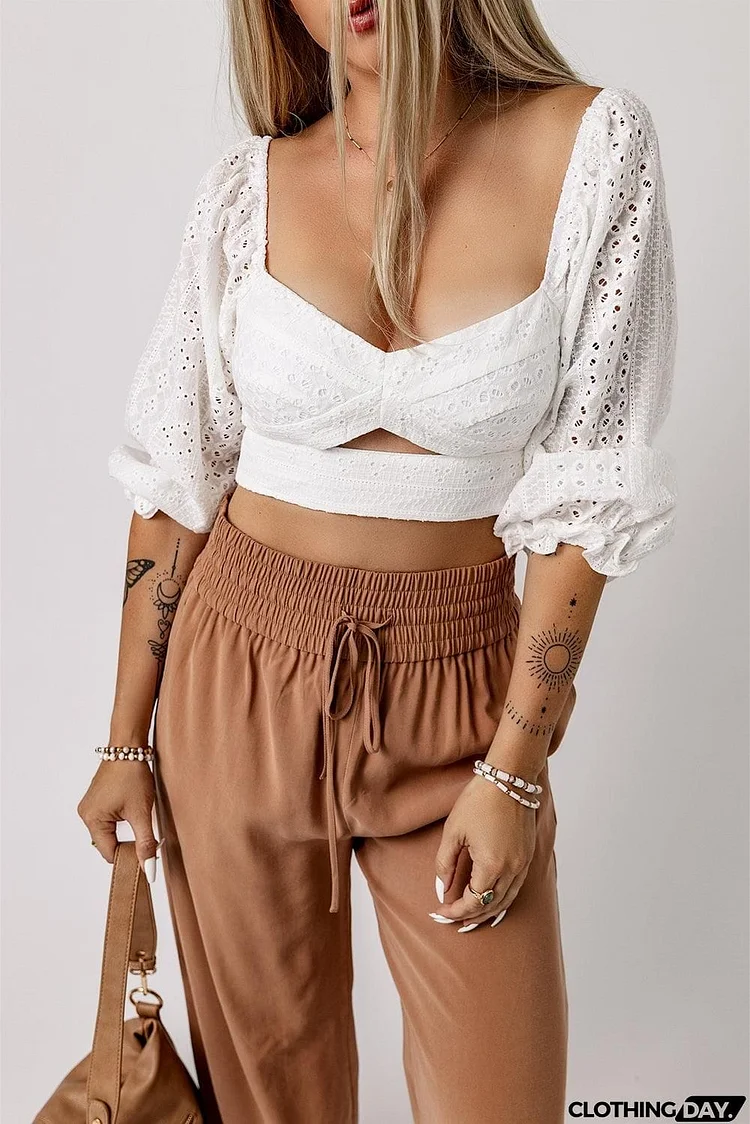 Eyelet Sweetheart Neck Cutout Crop Top