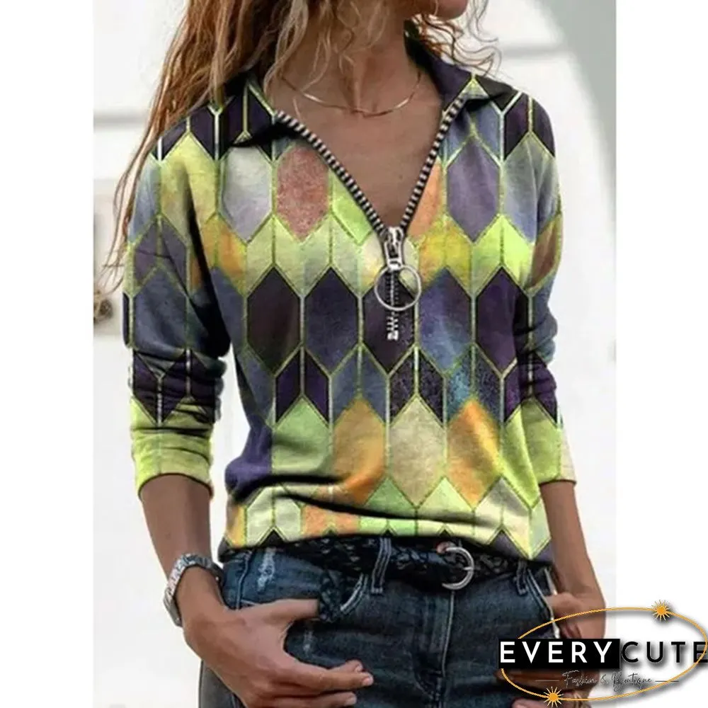 Womens Fashion Printed V-neck Long Sleeve Shirts Casual Zipper Turn-down Collar Cotton
