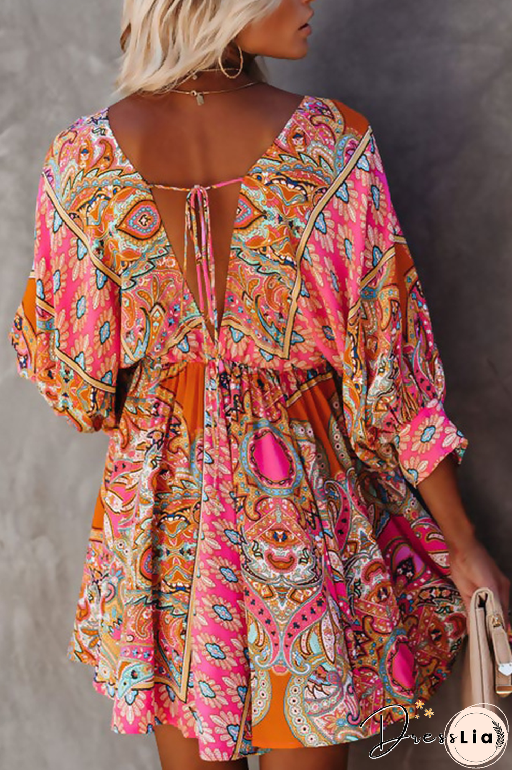 Casual Print Backless V Neck Cake Skirt Dresses