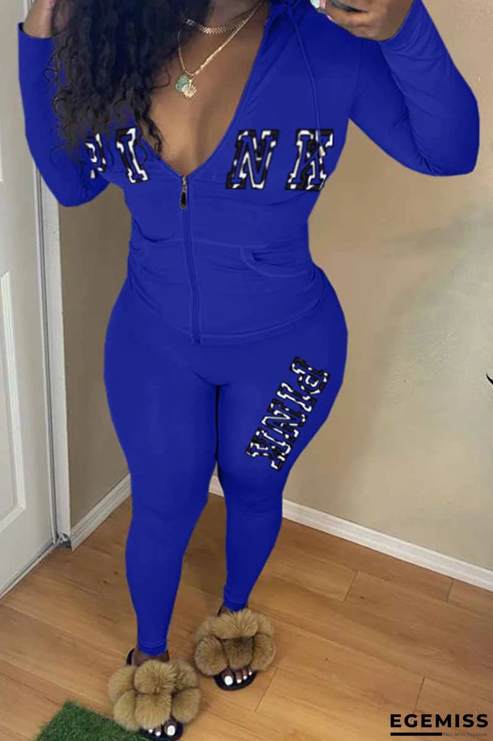 Blue Casual Print Letter Hooded Collar Long Sleeve Two Pieces | EGEMISS