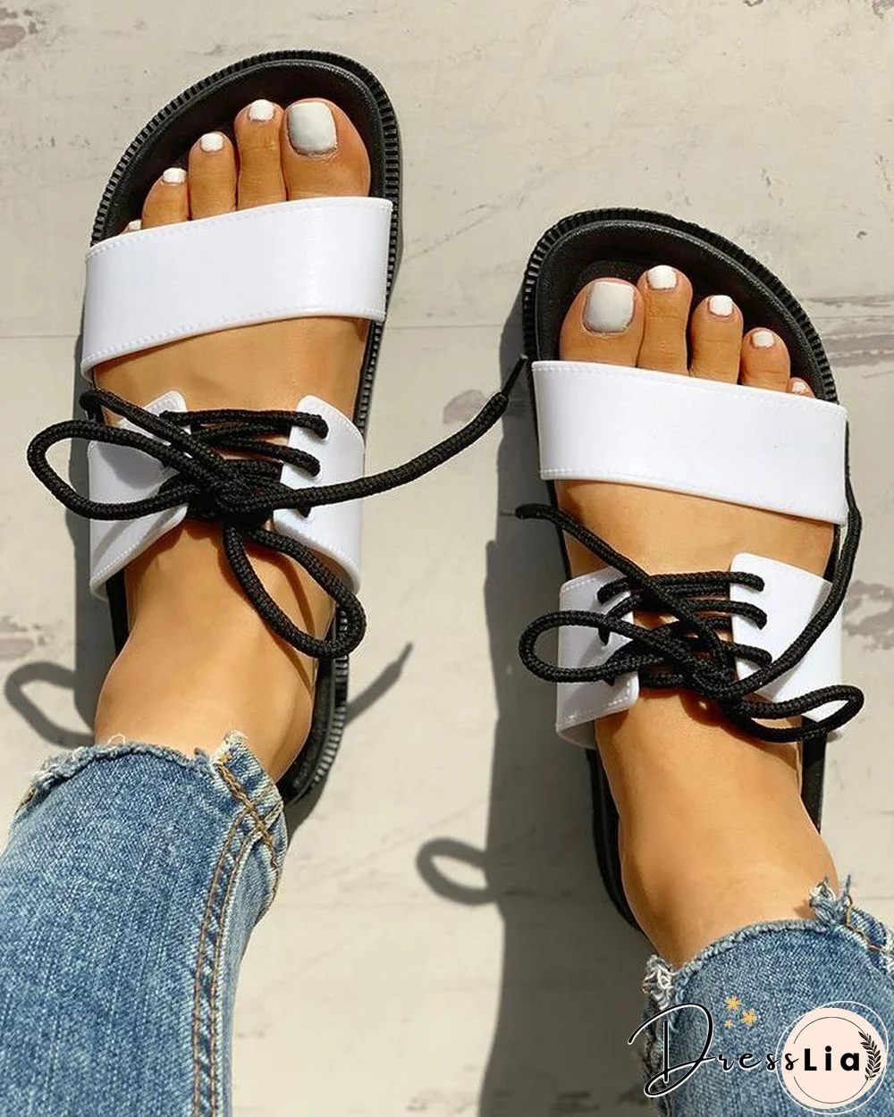 Lace-Up Double Strap Open Toe Flat Sandals