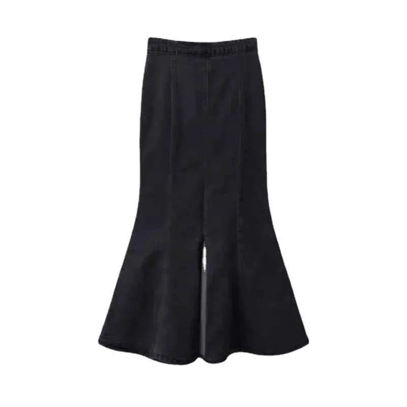 Huibahe Black Denim Long Skirt Women Vintage High Waist Split Bodycon Ruffles Pencil Mermaid Midi Skirt Summer Japanese Fashion