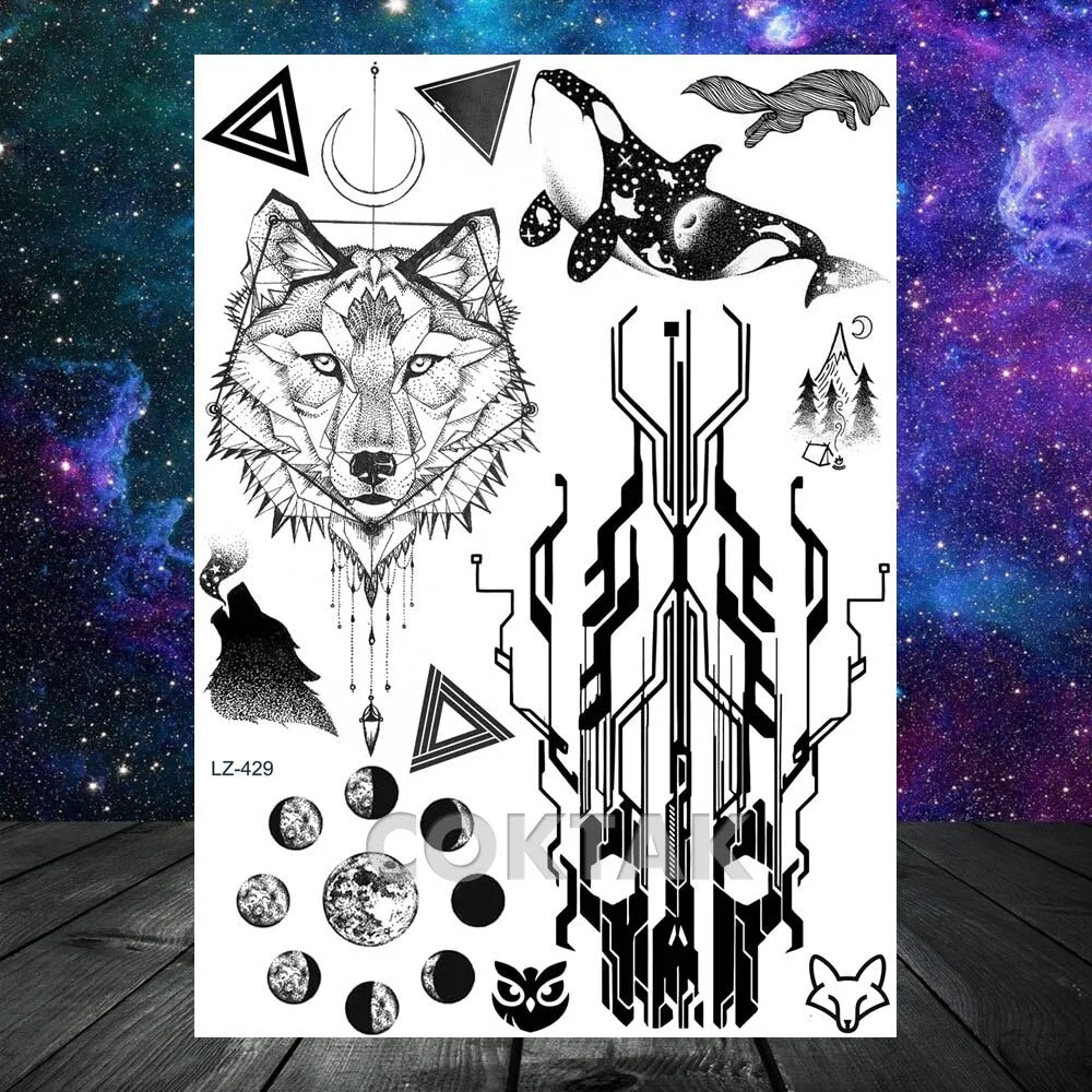 Geometric Skull Temporary Tattoos For Men Women Realistic Fake Wolf Gangster Tattoos Sticker Outer Space Planets Tatoos Washable