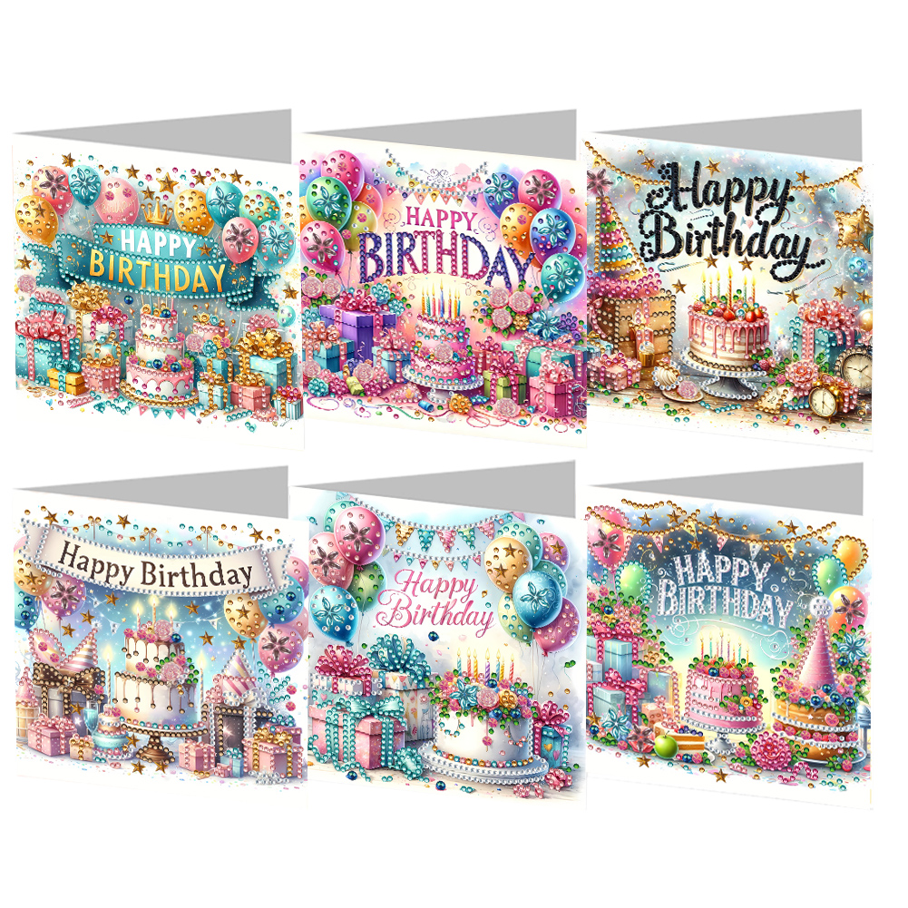 6Pcs Birthday 5D DIY Diamond Painting Greeting Card for Adults Beginners