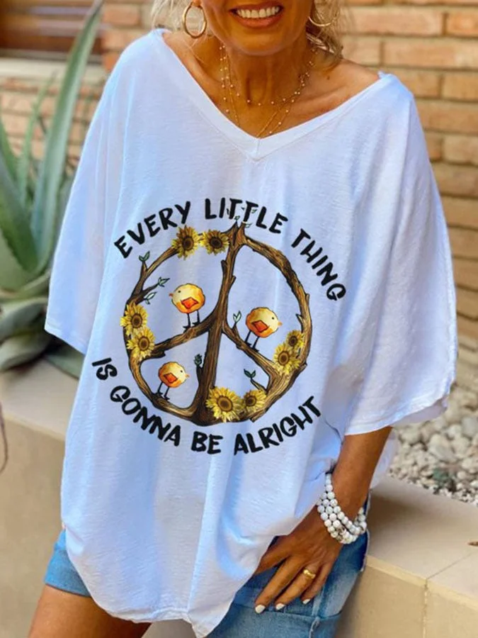 Every Little Thing Is Gonna Be Alright Printed Hippie V-neck Blouse