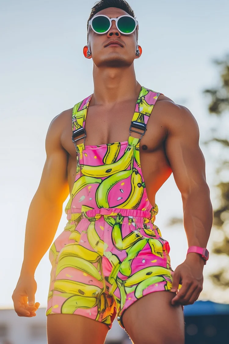 Ciciful Men's Banana Pattern Print Neon Pink Festival Shorts Overalls 