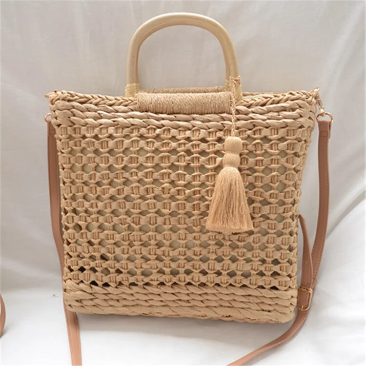 Fashion Rattan Hollow Wooden Handbags Natural Colors Straw Bags for Shopping Casual Totes Lady Shoulder Bag