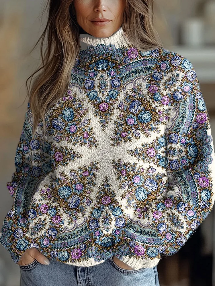 Vintage Symmetrical  Flowers Print Knit Turtleneck Pullover Sweater