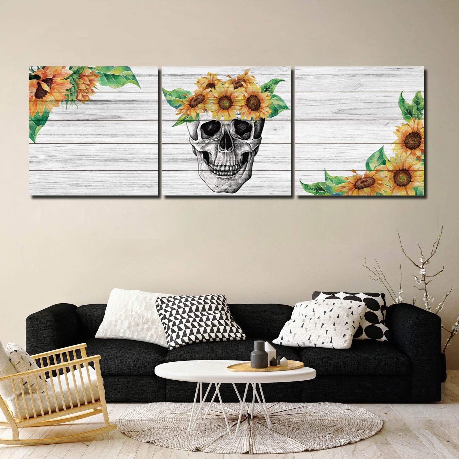 Wall Art for Bedroom Decor, 3 Panel Wall Decor Painting Posters for Living Room Decor Office Decor, Room Decor Aesthetic Canvas Wall Art, Sunflowers and Skull on Wood Home Decor Canvas Prints, 20 inch x20 inch