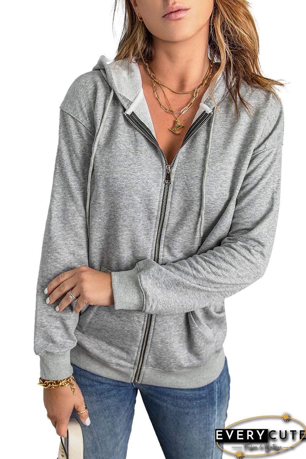 Gray Zip Hooded Coat with Pocket