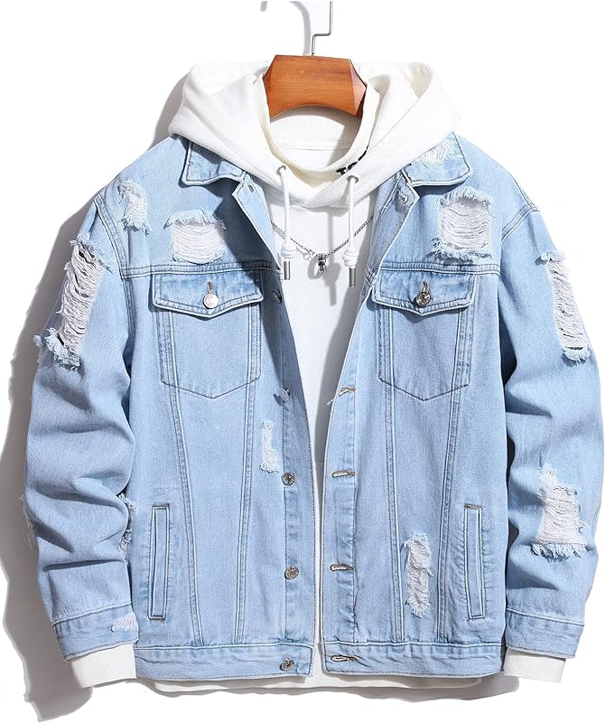 men's Long Sleeve Jacket Casual Men Ripped Frayed Flap Pocket Denim Jacket Without Hoodie (color: Light Wash, Size: Small