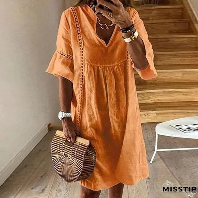 Women Sexy Hollow Out V-neck Mini Dress Floral Print Patchwork Dress Casual Beach Dress