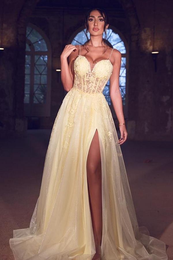 Gorgeous Spaghetti-Straps Long Prom Dress Lace Appliques With Slit - lulusllly