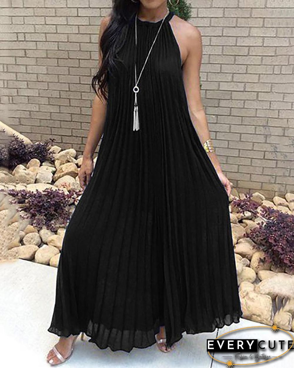Hot Summer Halter Pleated Casual Maxi Dress P12371