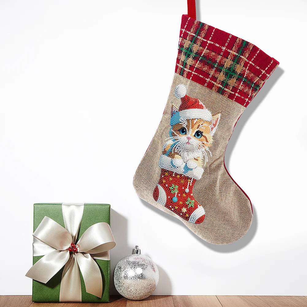 New DIY Linen Diamond Painting Christmas Socks 5D Rhinestone Xmas Socks for Kid Gift(20*35cm)