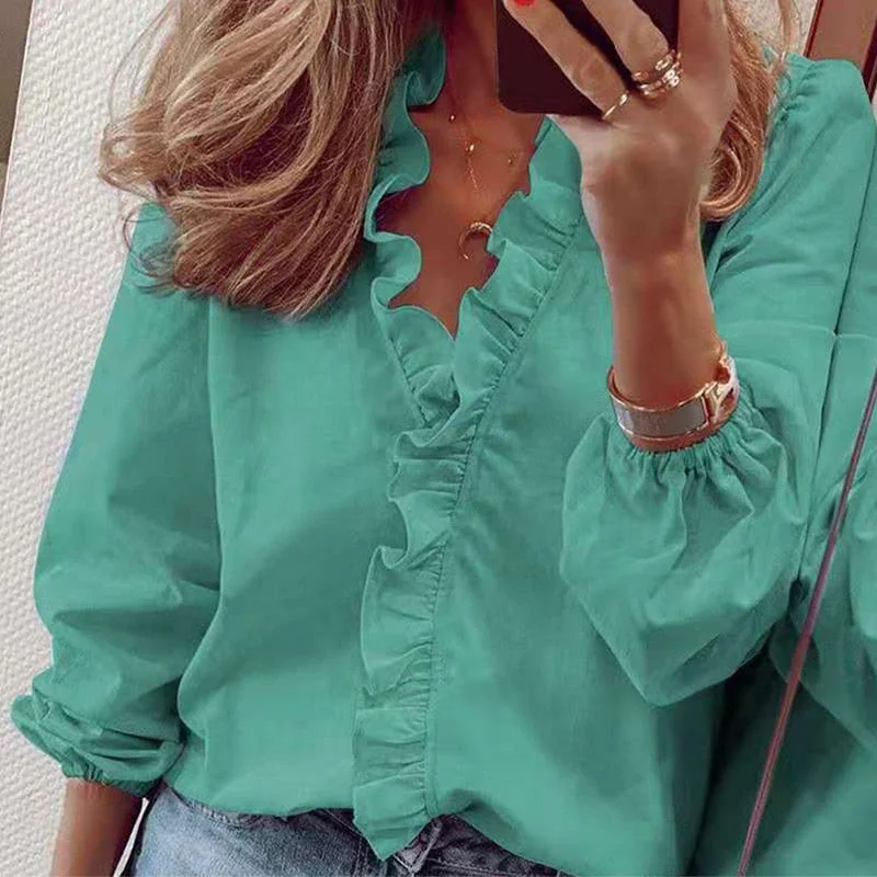 Elegant Ruffle Women Shirt Blouses Casual V Neck Long Sleeve Loose Female Tops Tunic White Shirt For Women Fashion Blusas 18246