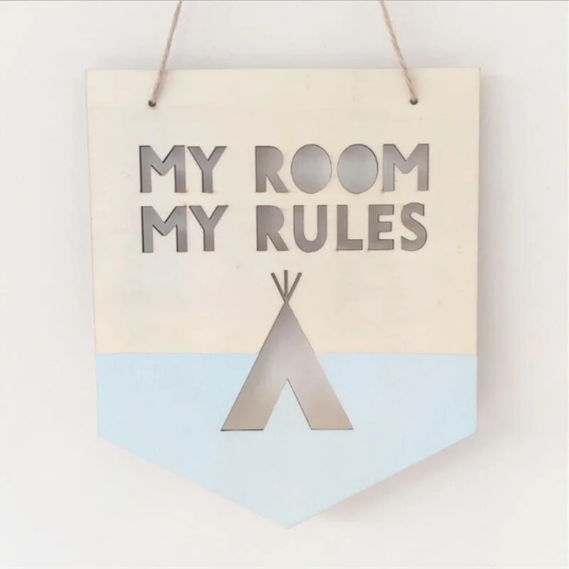 INS Wooden Positive Slogan Banner MY ROOM MY RULES Wood Chip For Kids Room Decoration Ornaments Wall Hanging Garland Photo Props